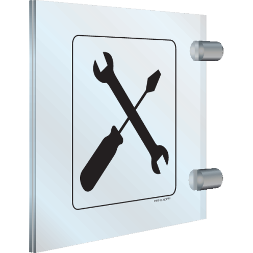 Dubbelzijdig plexiglas haaks bord met pictogram voor het aanduiden van een werkplaats