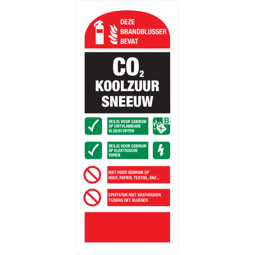 Identificatie bordje voor het gebruik van een Co2 Koolzuursneeuw Brandblusser