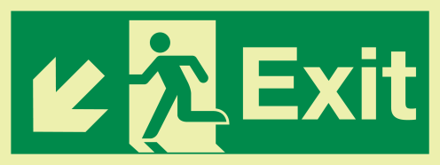 Fotoluminescerende IMO sticker met IMO pictogram Nooduitgang Links Omlaag