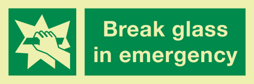 Fotoluminescerende sticker met IMO pictogram en tekst Breek Glas