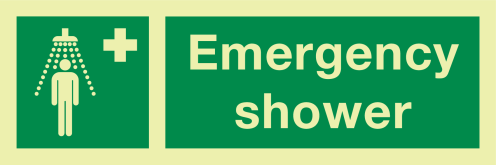 Fotoluminescerende sticker met IMO pictogram en tekst nooddouche