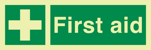 Fotoluminescerende sticker met IMO pictogram en tekst eerste hulp