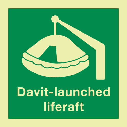 Fotoluminescerende sticker met IMO pictogram van een david launched reddingsvlot