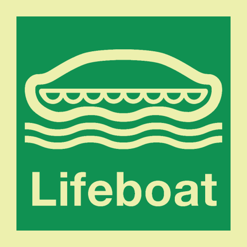 Sticker met IMO pictogram en tekst van een reddingsboot