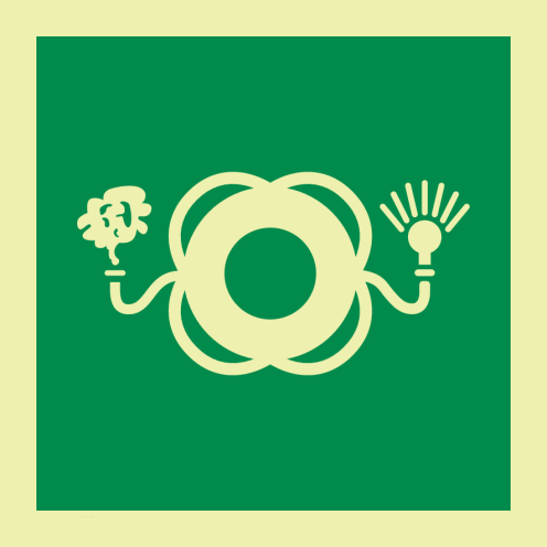 Fotoluminescerende sticker met IMO pictogram reddingsboei met licht en rook