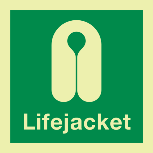 Fotoluminescerende sticker met IMO pictogram en tekst reddingsvest