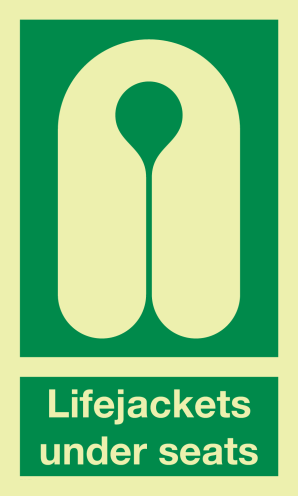 Fotoluminescerende sticker met IMO pictogram en tekst reddingsvest onder de stoelen