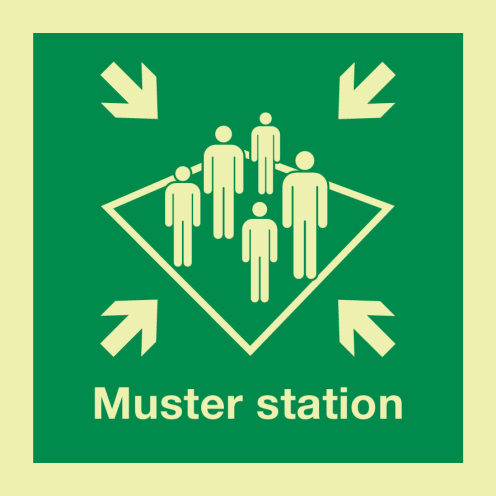 Fotoluminescerende sticker met IMO pictogram en tekst van een verzamelplaats