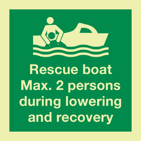 Fotoluminescerende sticker met IMO pictogram en tekst reddingsboot maximaal twee personen