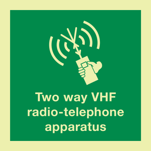 Fotoluminescerende sticker met IMO pictogram en tekst Draagbare Radio