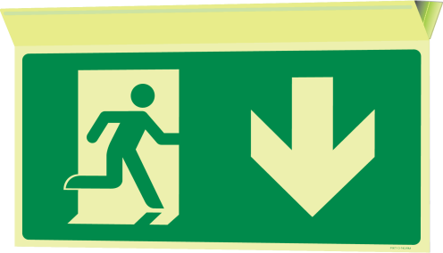 Fotoluminescerend haaks bord met pictogram nooduitgang naar beneden plafondbevestiging ISO 7010