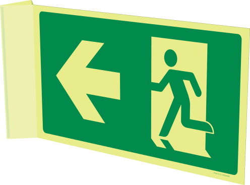 Fotoluminescerend haaks bord met pictogram nooduitgang links/rechts naar muur ISO 7010