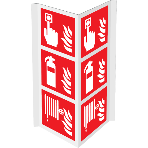 Gecombineerd panorama bord met pictogram van een brandblusser, brandslang en handmelder met vlam