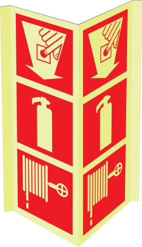 Gecombineerd fotoluminescerend panorama bord met pictogram van een brandblusser, brandslanghaspel en handbrandmelder met pijl
