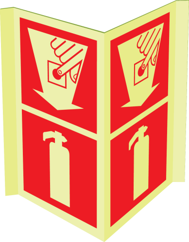 Gecombineerd fotoluminescerend panorama bord met pictogram van een brandblusser en handbrandmelder met pijl