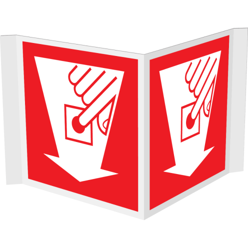 Panorama bord met pictogram van een handbrandmelder met pijl