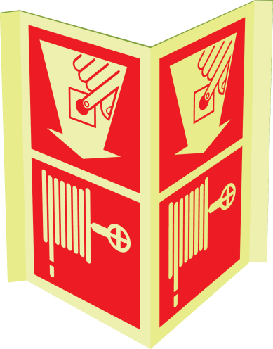 Gecombineerd fotoluminscerend panorama bord met pictogram van een brandslanghaspel en handbrandmelder