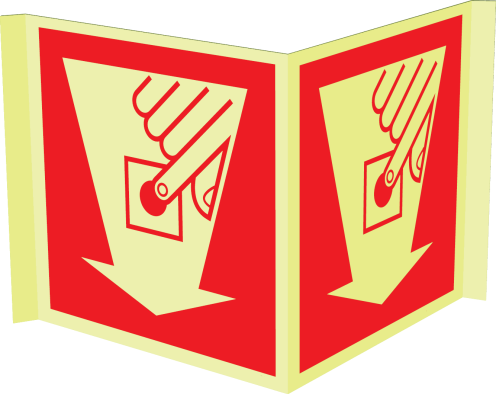 Fotoluminescerend panorama bord met pictogram van een handbrandmelder met pijl