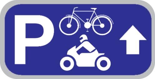 Parkeerbord "Fietsen en motoren rechtdoor" aluminium 400x200mm