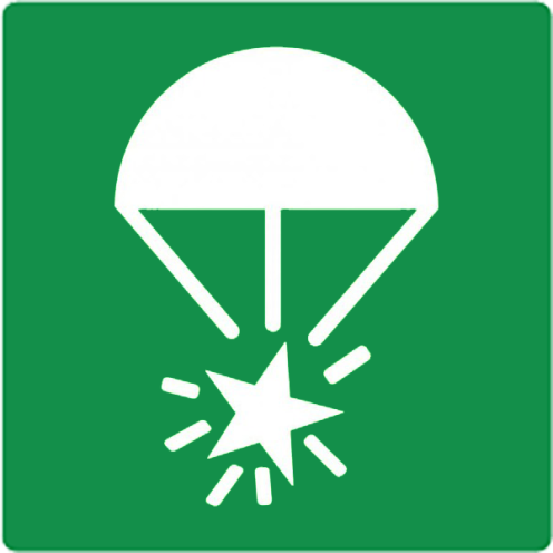 Bord met pictogram noodsignaal parachute ISO 7010