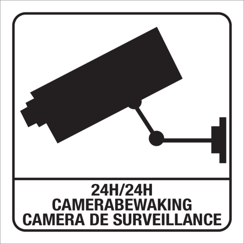 Witte sticker met pictogram voor aanduiden 24h camerabewaking