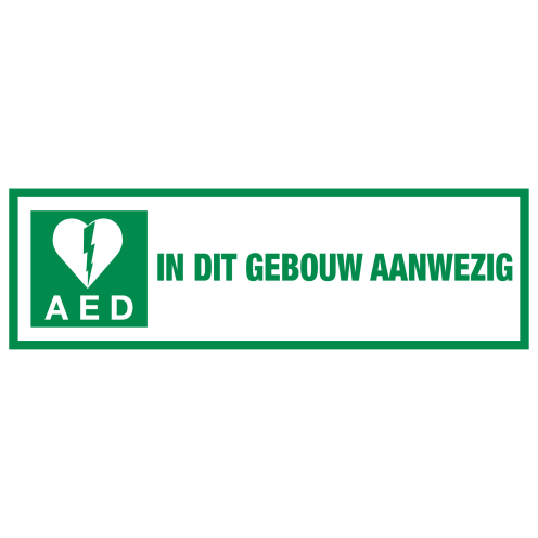 Sticker met pictogram en tekst AED in dit gebouw aanwezig KB 21-4-2007 (Raamsticker)