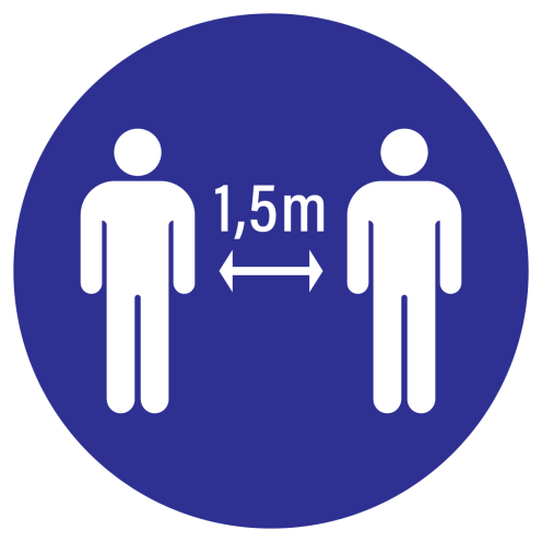Blauwe sticker met pictogram om aan te duiden dat men 1,5mtr afstand tot anderen moet houden