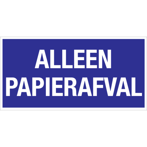 Blauwe sticker met tekst voor afvalscheiding van papierafval