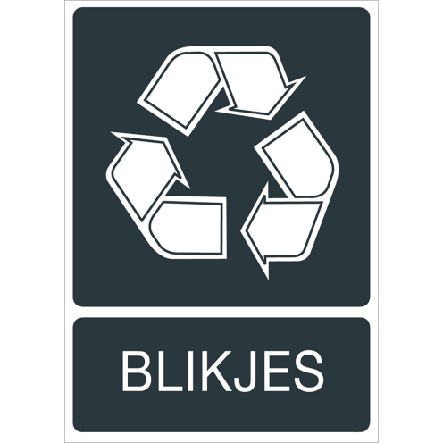 Donkergrijze sticker met pictogram voor het recyclen en afvalscheiden van blikjes