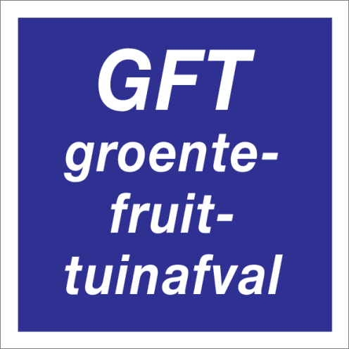 Blauwe sticker met tekst voor afvalscheiding van GFT