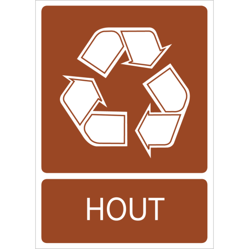Bruine sticker met pictogram voor het recyclen en afvalscheiden van hout