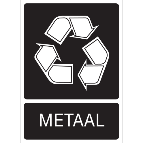 Zwarte sticker met pictogram voor het recyclen en afvalscheiden van metaal