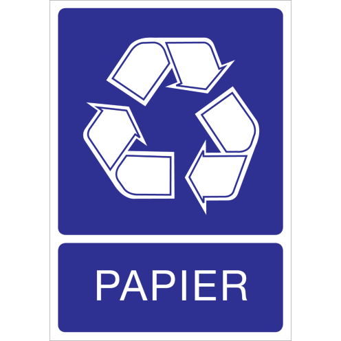 Blauwe sticker met pictogram voor het recyclen en afvalscheiden van papier