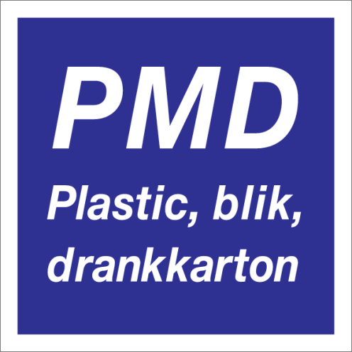 Blauwe sticker met pictogram voor afvalscheiding van PMD