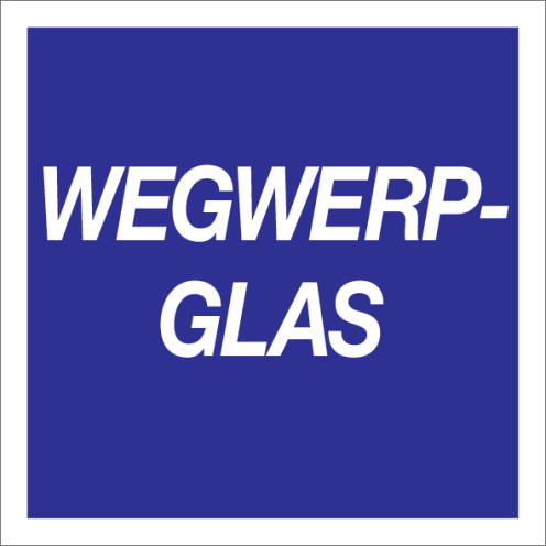 Blauwe sticker met tekst voor afvalscheiding van wegwerp glas