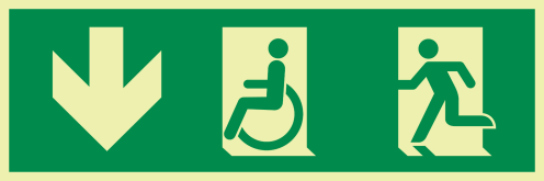 Fotoluminescerende sticker met pictogram nooduitgang naar beneden beperkte mobiliteit ISO 7010