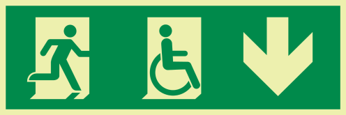 Fotoluminescerende sticker met pictogram nooduitgang naar beneden beperkte mobiliteit ISO 7010