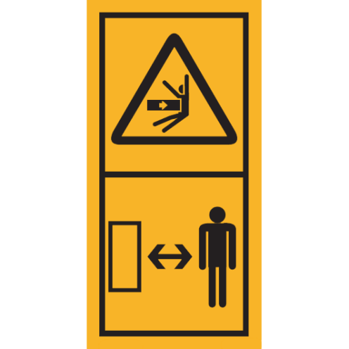 Machinemarkering sticker waarschuwing "Bewegende Delen, afstand houden tot machine" volgens ISO 11684