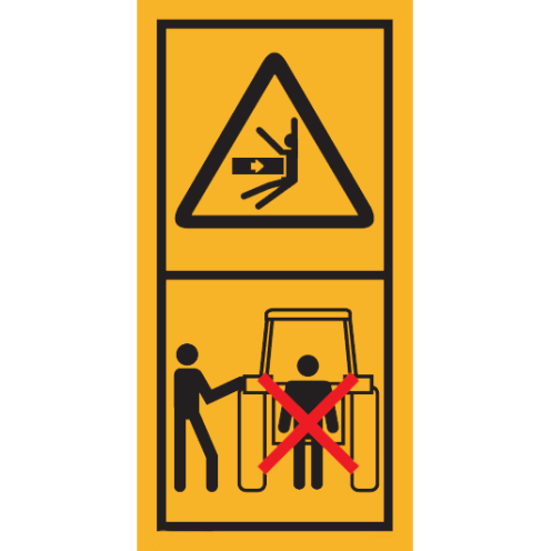 Machinemarkering sticker waarschuwing "Bewegende Delen, niet achter trekstang (Bediening links)" volgens ISO 11684