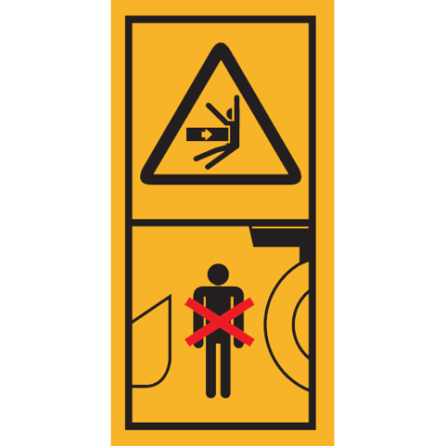 Machinemarkering sticker waarschuwing "Bewegende Delen, niet tussen in gaan staan" volgens ISO 11684