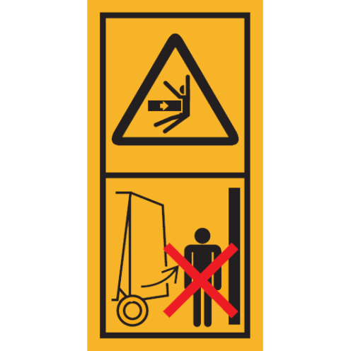 Machinemarkering sticker waarschuwing "Bewegende delen, blijf buiten het zwenk bereik van de balen pers)" volgens ISO 11684