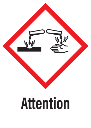Sticker met pictogram "Bijtende Stoffen" en signaalwoord "Attention" - GHS 05