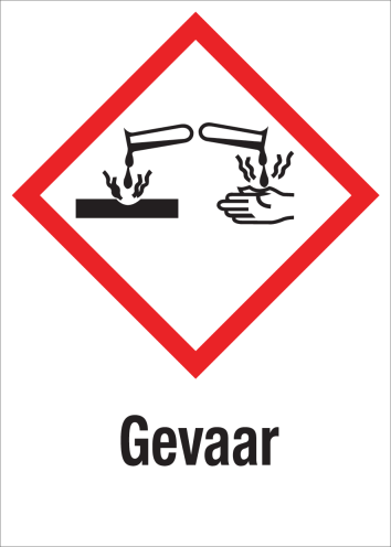 Sticker met pictogram "Bijtende Stoffen" en signaalwoord "Gevaar" - GHS 05