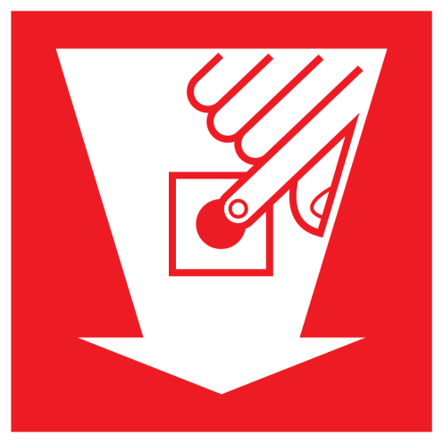 Sticker met pictogram van een handbrandmelder in een pijl