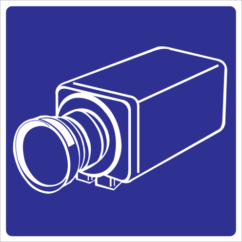 Blauwe sticker met pictogram voor aanduiden van camerabewaking