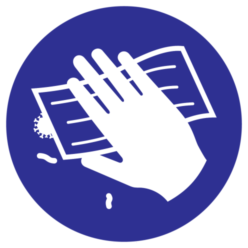 Blauwe sticker met pictogram oppervlak ontsmetten