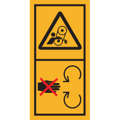 Machinemarkering sticker waarschuwing "Draaiende Delen, Gevaar voor hand en arm, Verwijder veiligheidsscherm niet" volgens ISO 11684