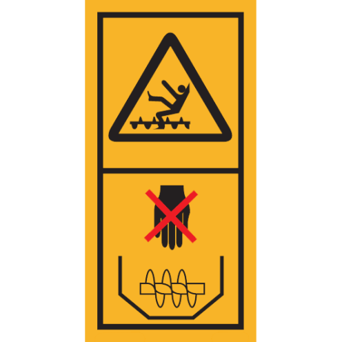Machinemarkering sticker waarschuwing "Draaiende Delen, Gevaar voor Benen, Nooit in tank terwijl motor draait" volgens ISO 11684