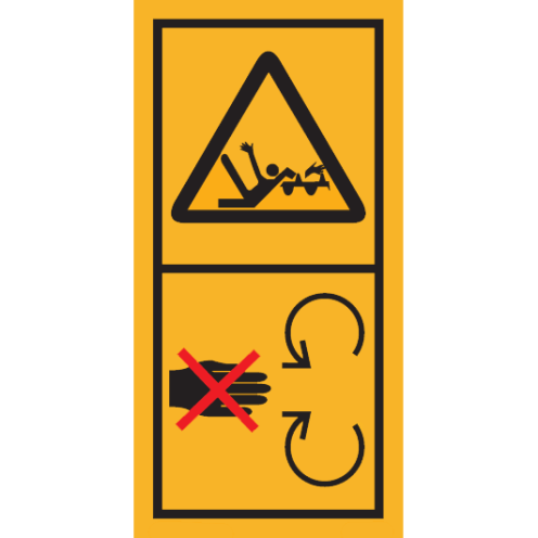 Machinemarkering sticker waarschuwing "Draaiende Delen, Knelgevaar voor arm of bovenlichaam, Verwijder veiligheidsscherm niet" volgens ISO 11684