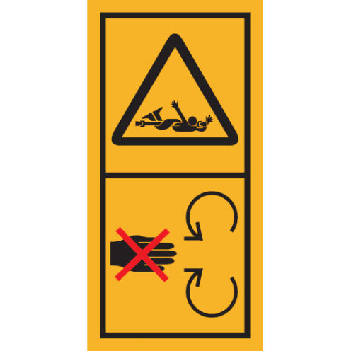 Machinemarkering sticker waarschuwing "Draaiende Delen, Knelgevaar voor het hele lichaam, Verwijder veiligheidsscherm niet" volgens ISO 11684